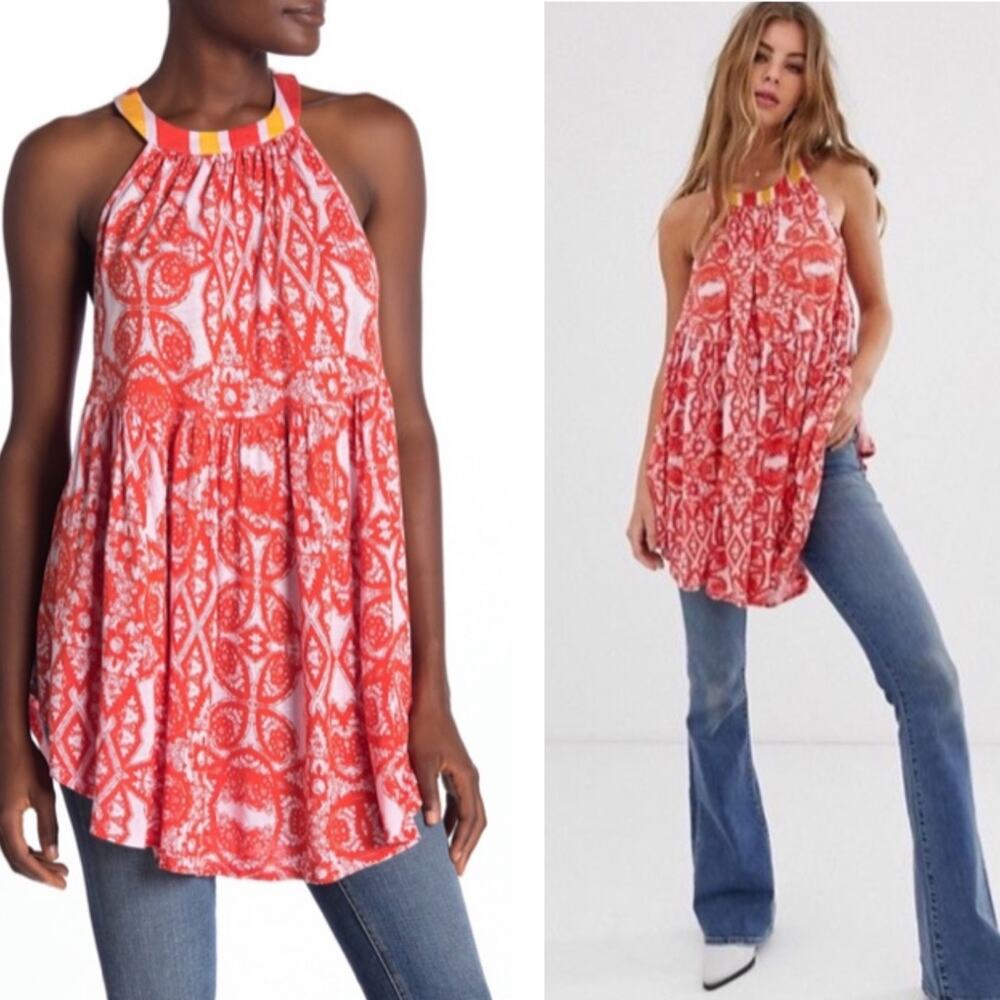 Free People Sleeveless Mimi Tunic Linen blend orange lavender combo